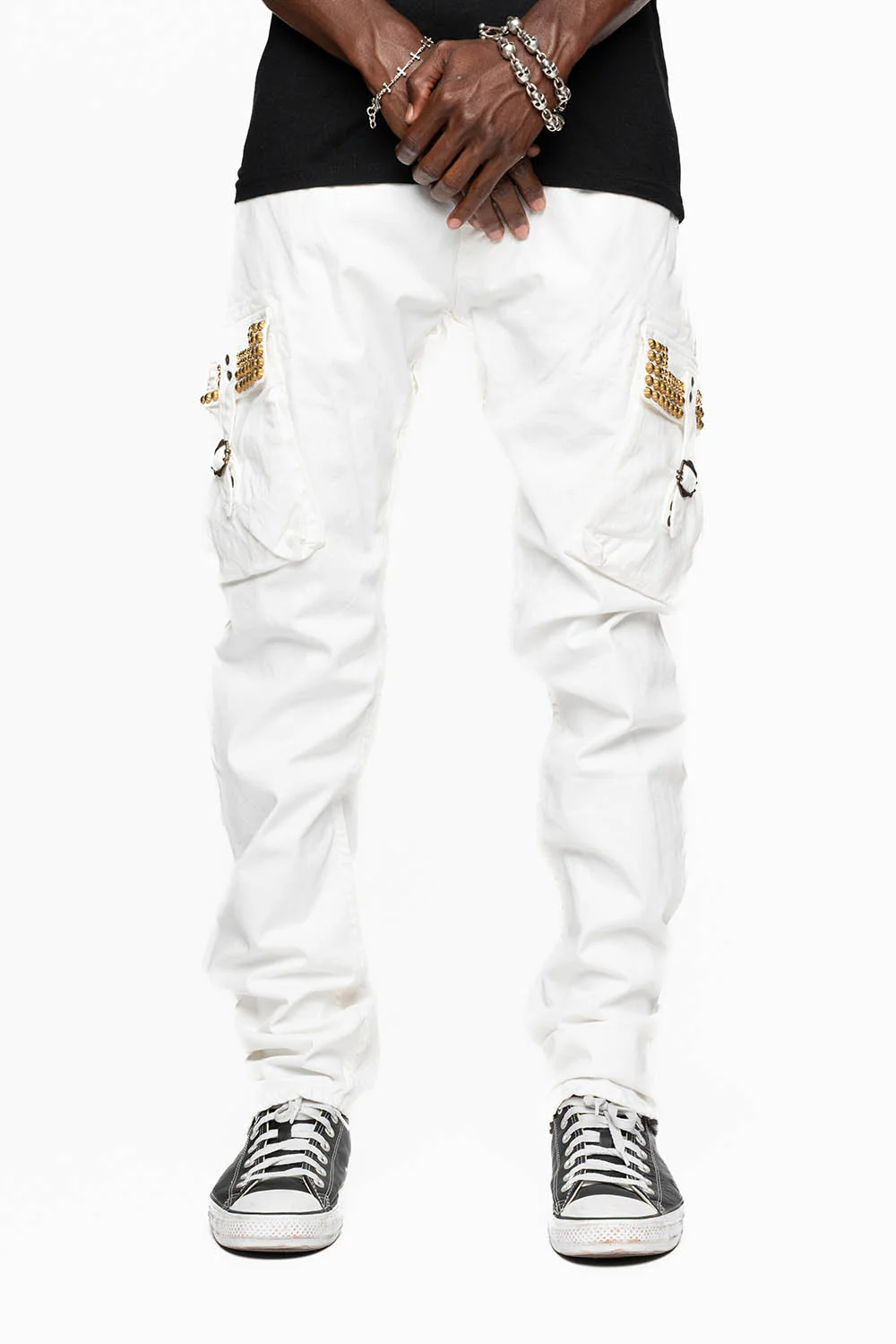 MENS PREDATOR CARGO PANTS IN WHITE EMBELLISHED WITH CRYSTALS AND STUDS - Image 2
