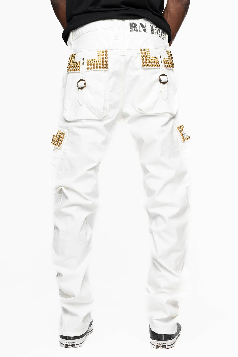 MENS PREDATOR CARGO PANTS IN WHITE EMBELLISHED WITH CRYSTALS AND STUDS - Image 3