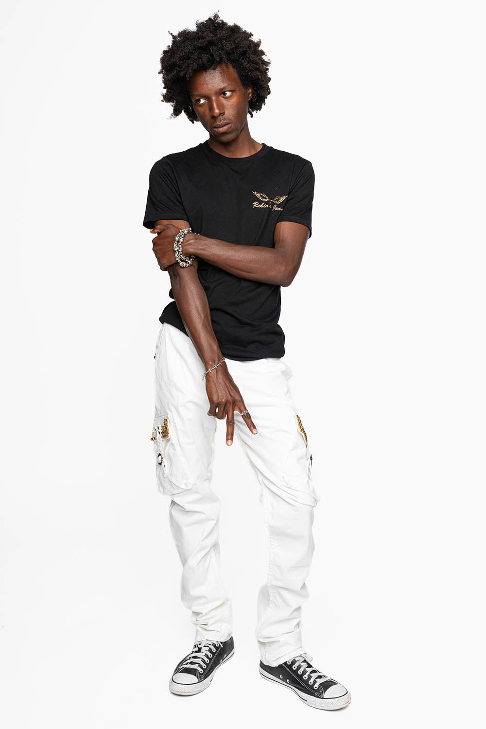 MENS PREDATOR CARGO PANTS IN WHITE EMBELLISHED WITH CRYSTALS AND STUDS - Image 7