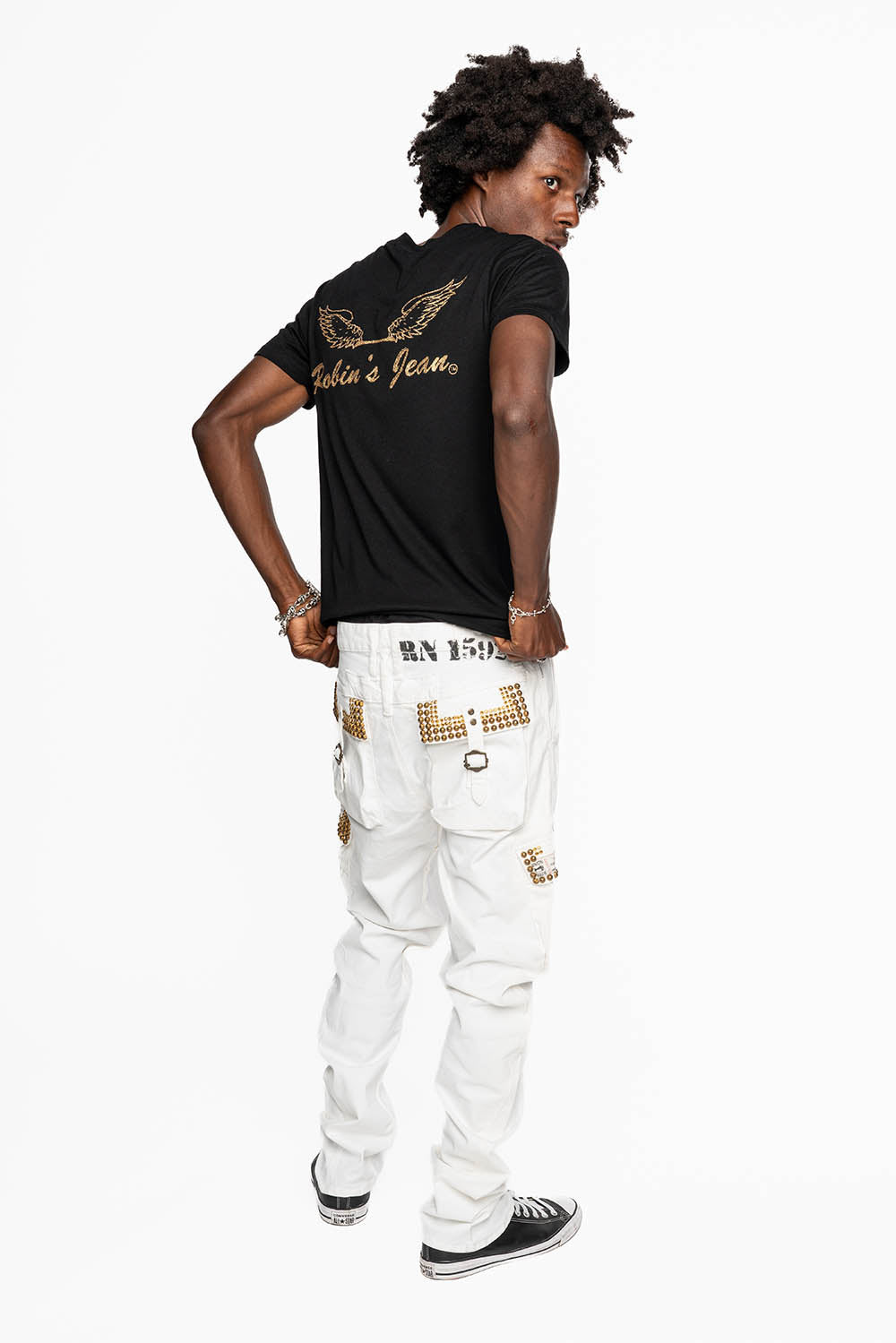 MENS PREDATOR CARGO PANTS IN WHITE EMBELLISHED WITH CRYSTALS AND STUDS - Image 9