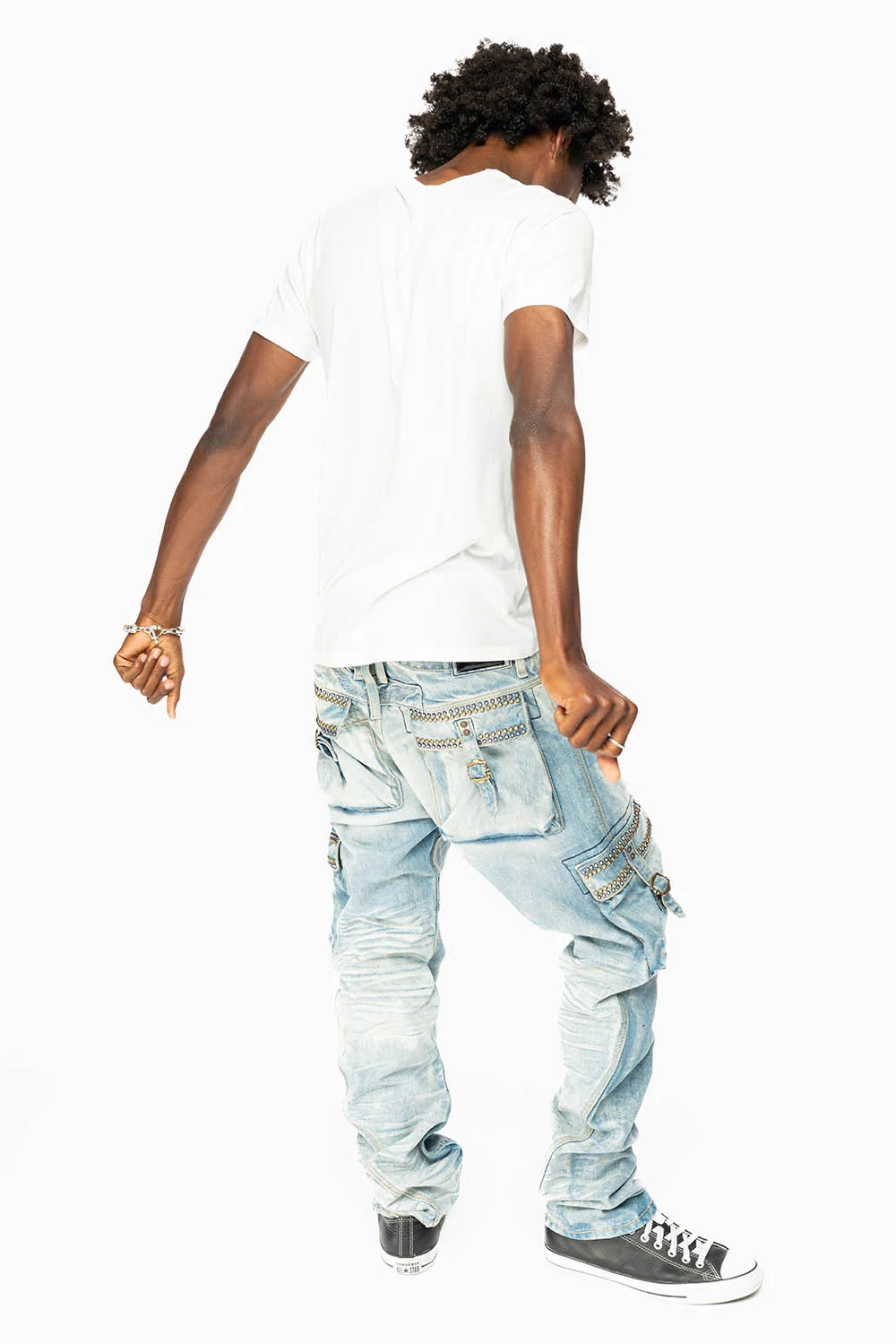 CARGO PANTS EMBELLISHED WITH CRYSTALS AND STUDS IN BLUE OMAHA LIGHT - Image 3
