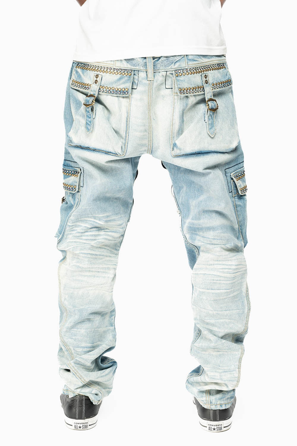 CARGO PANTS EMBELLISHED WITH CRYSTALS AND STUDS IN BLUE OMAHA LIGHT - Image 7
