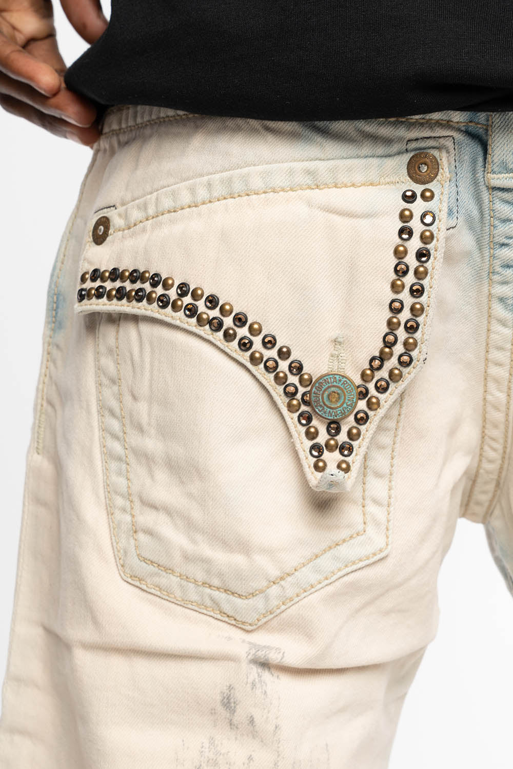 MENS SHORT WITH FLAP POCKETS IN COLOR BROKEN BACKING WASH WITH CRYSTALS AND STUDS - Image 3