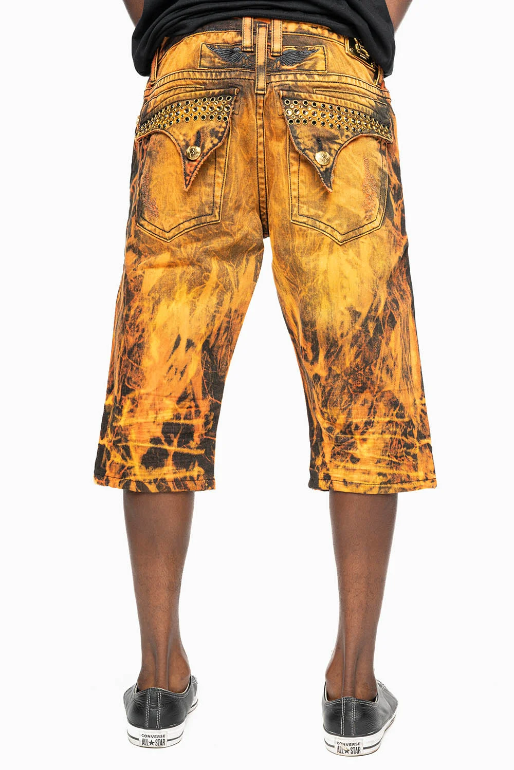 MENS SHORT WITH FLAP POCKETS IN ORANGE VICTOR BROKEN BACKING WASH WITH CRYSTALS