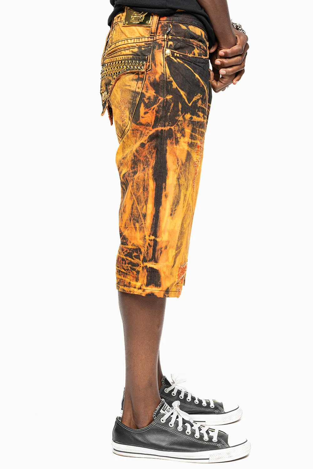 MENS SHORT WITH FLAP POCKETS IN ORANGE VICTOR BROKEN BACKING WASH WITH CRYSTALS - Image 3