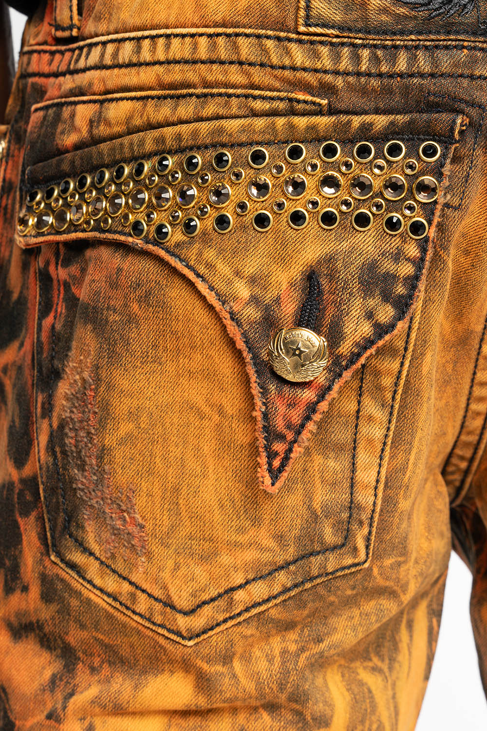 MENS SHORT WITH FLAP POCKETS IN ORANGE VICTOR BROKEN BACKING WASH WITH CRYSTALS - Image 4