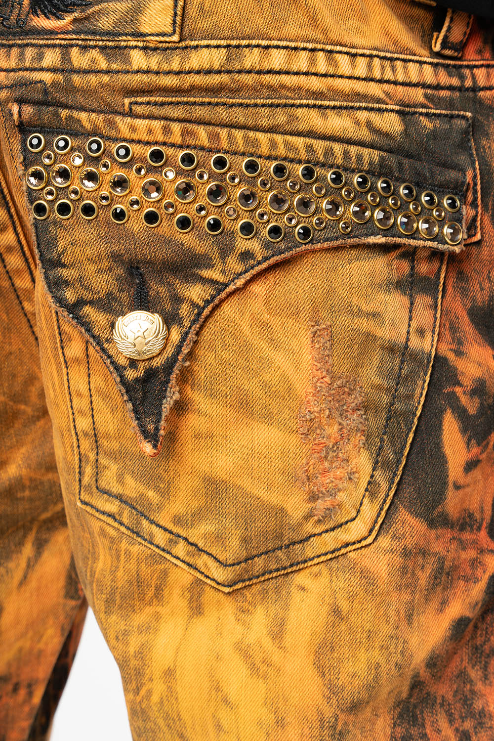 MENS SHORT WITH FLAP POCKETS IN ORANGE VICTOR BROKEN BACKING WASH WITH CRYSTALS - Image 5