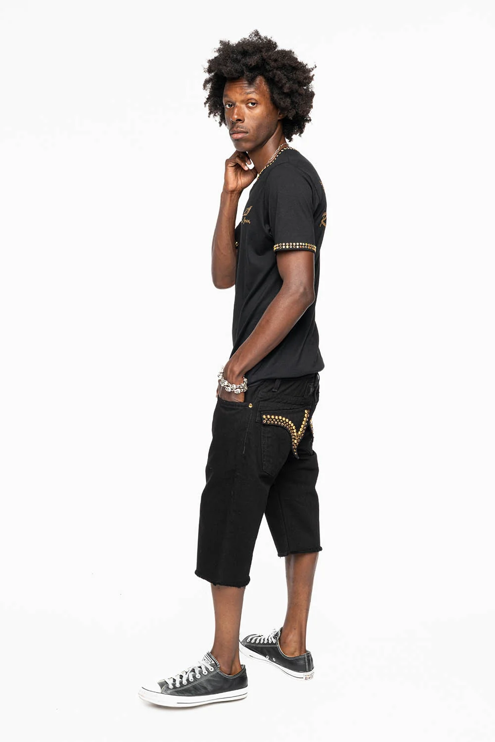 MENS SHORT WITH FLAP POCKETS IN PURE BLK WASH WITH SMOKEY TOPAZ CRYSTALS AND PARACHUTE STUDS - Image 7