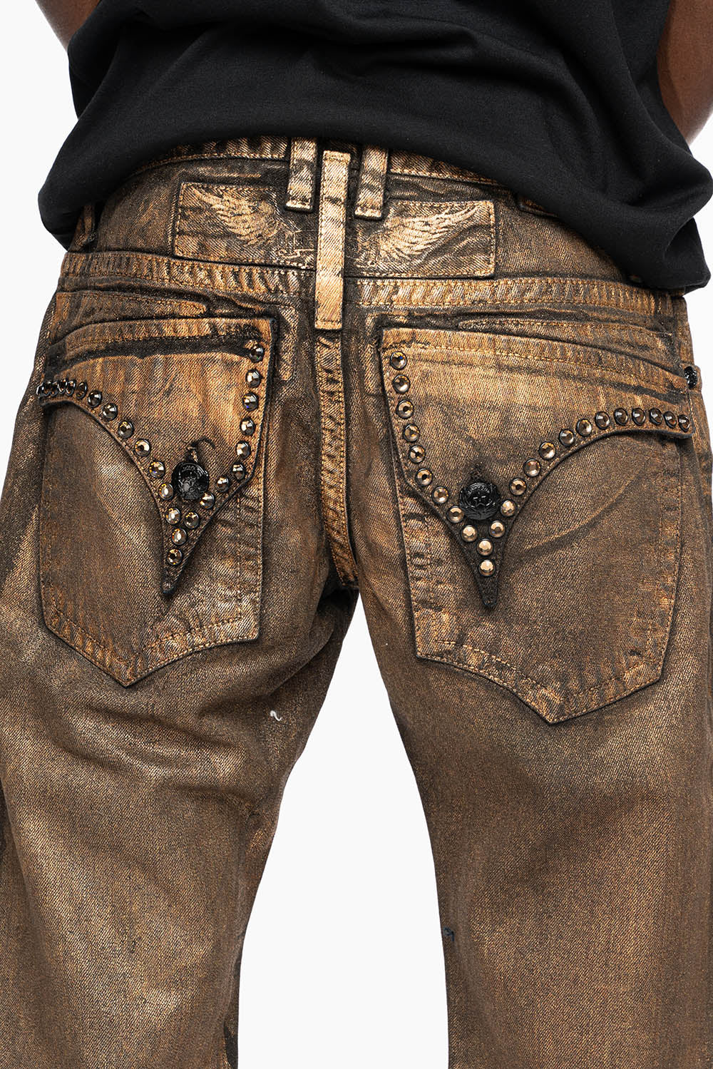 MENS SHORT WITH FLAP POCKETS IN RUSH GOLD WASH WITH XLARGE SMOKEY TOPAZ CRYSTALS - Image 4