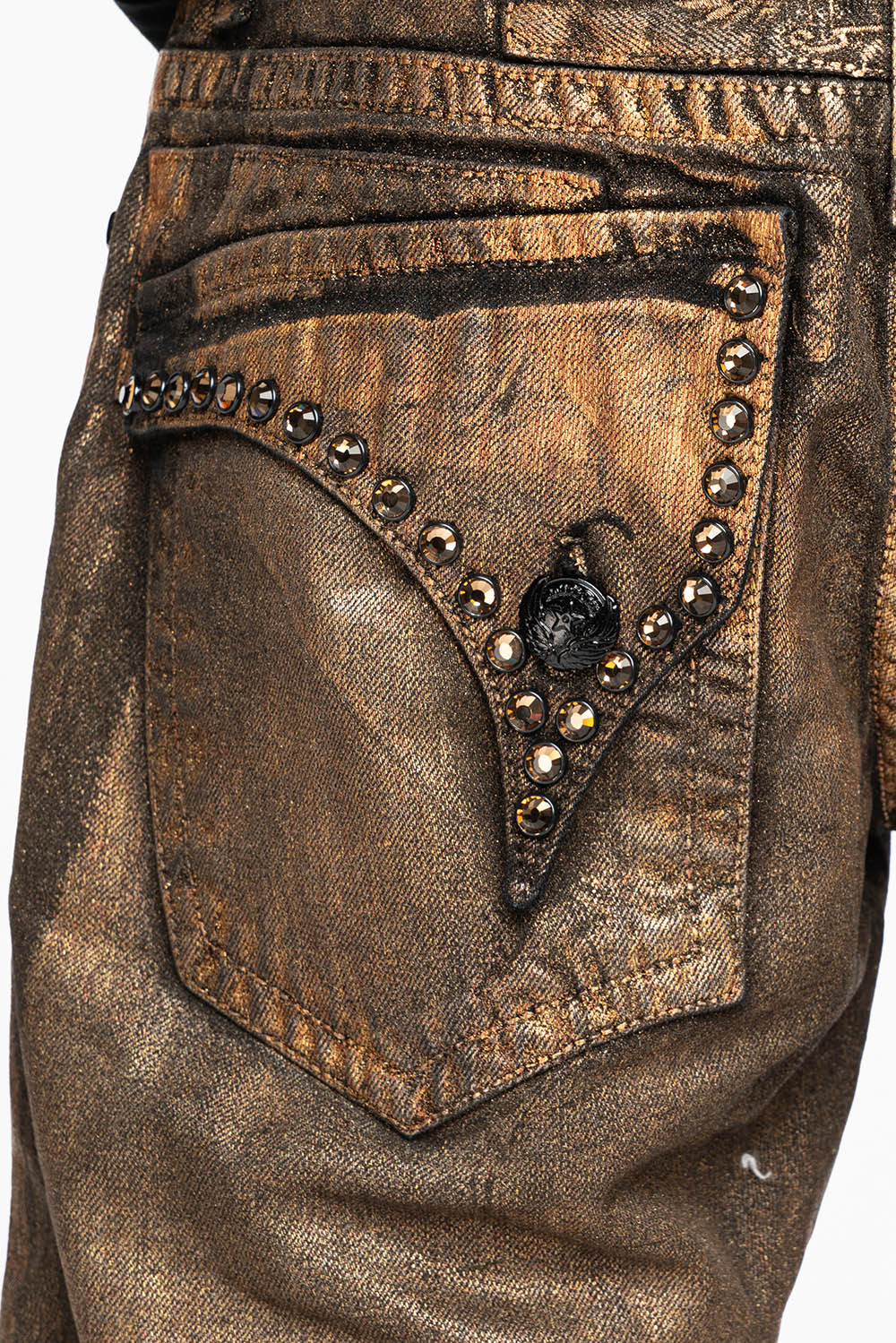 MENS SHORT WITH FLAP POCKETS IN RUSH GOLD WASH WITH XLARGE SMOKEY TOPAZ CRYSTALS - Image 5