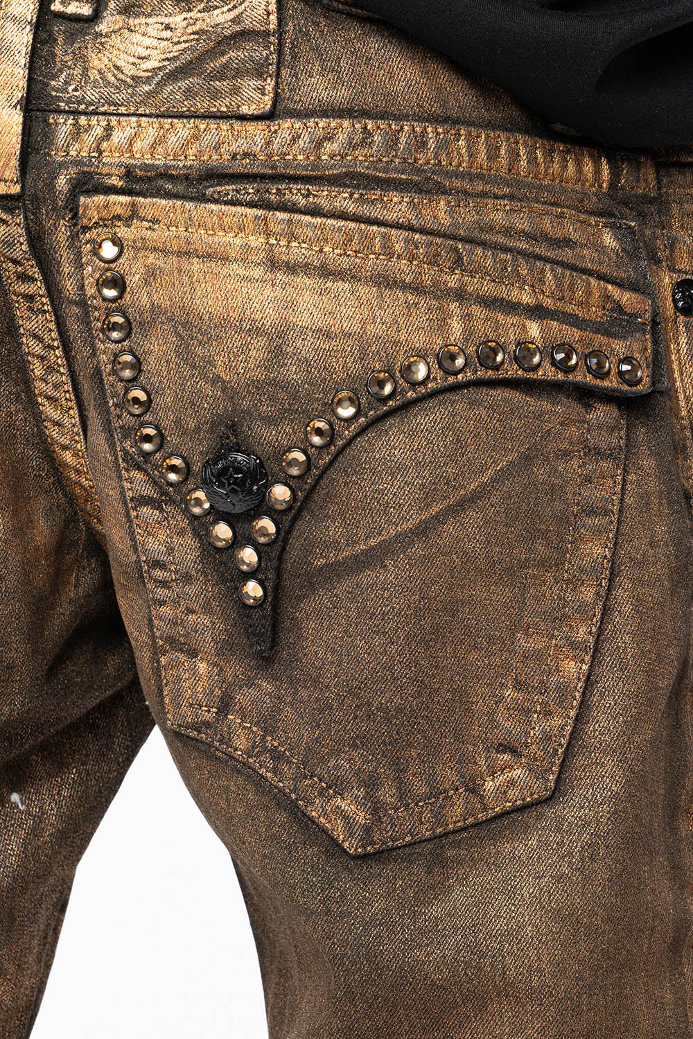 MENS SHORT WITH FLAP POCKETS IN RUSH GOLD WASH WITH XLARGE SMOKEY TOPAZ CRYSTALS - Image 6