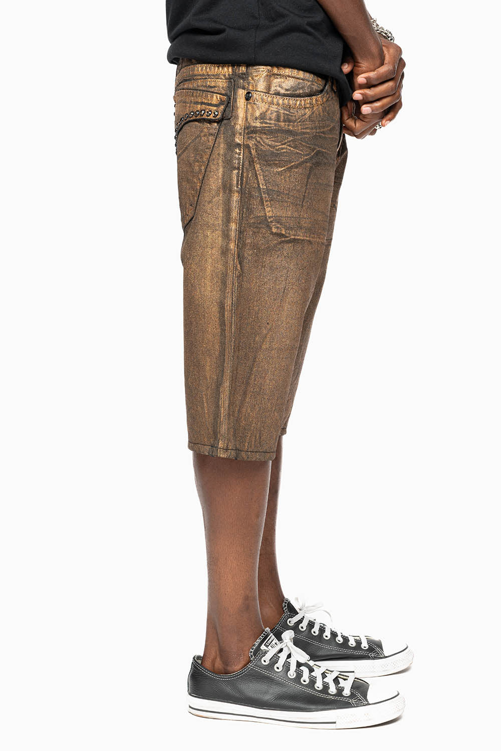 MENS SHORT WITH FLAP POCKETS IN RUSH GOLD WASH WITH XLARGE SMOKEY TOPAZ CRYSTALS - Image 7