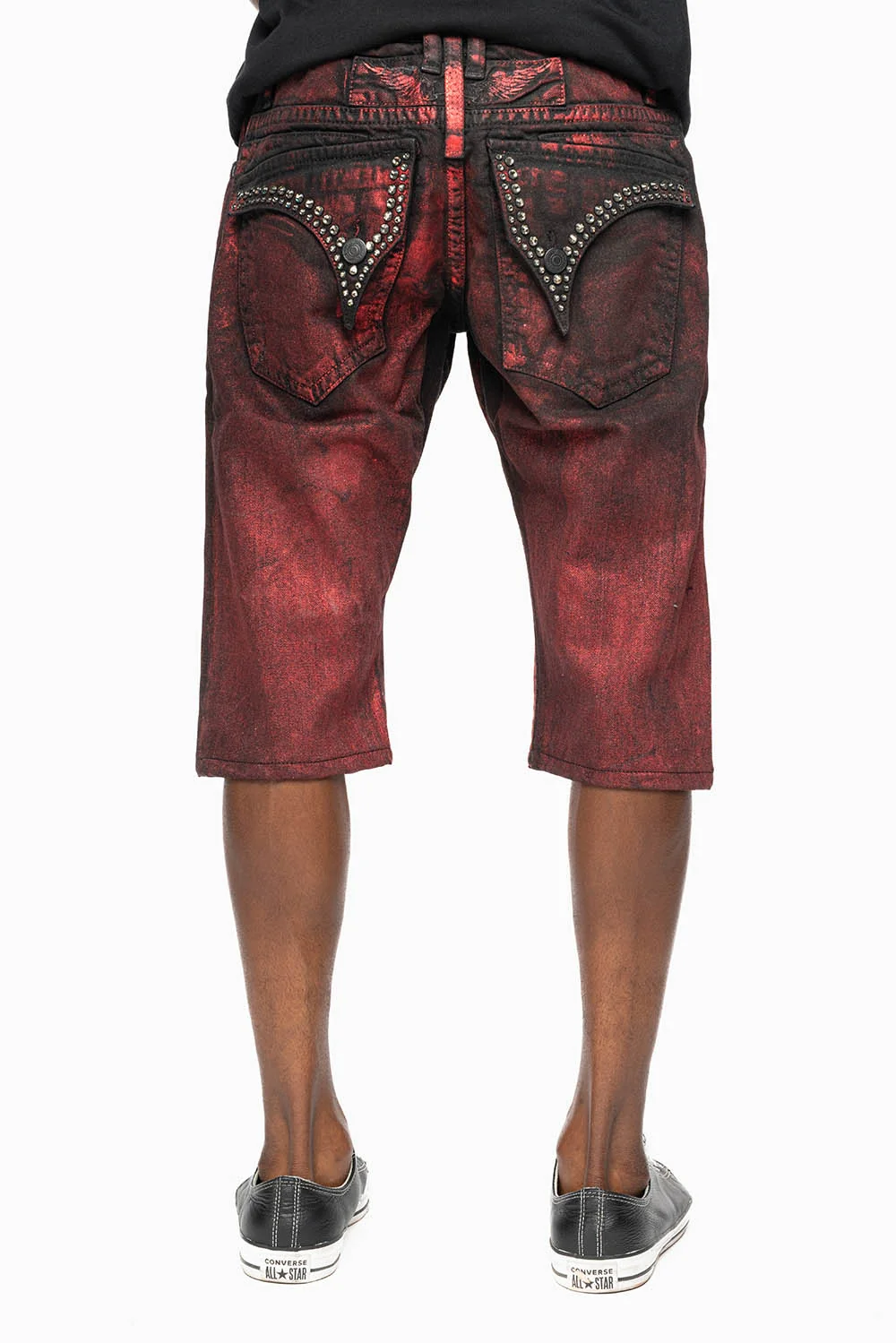 MENS SHORT WITH FLAP POCKETS IN RUSH RED WASH WITH CRYSTALS