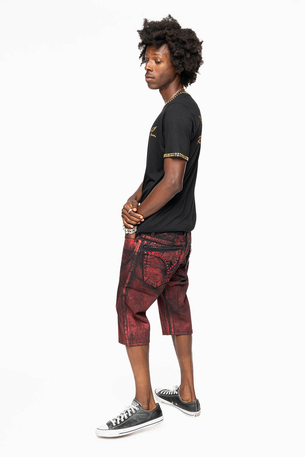 MENS SHORT WITH FLAP POCKETS IN RUSH RED WASH WITH XLARGE RED CRYSTALS - Image 8