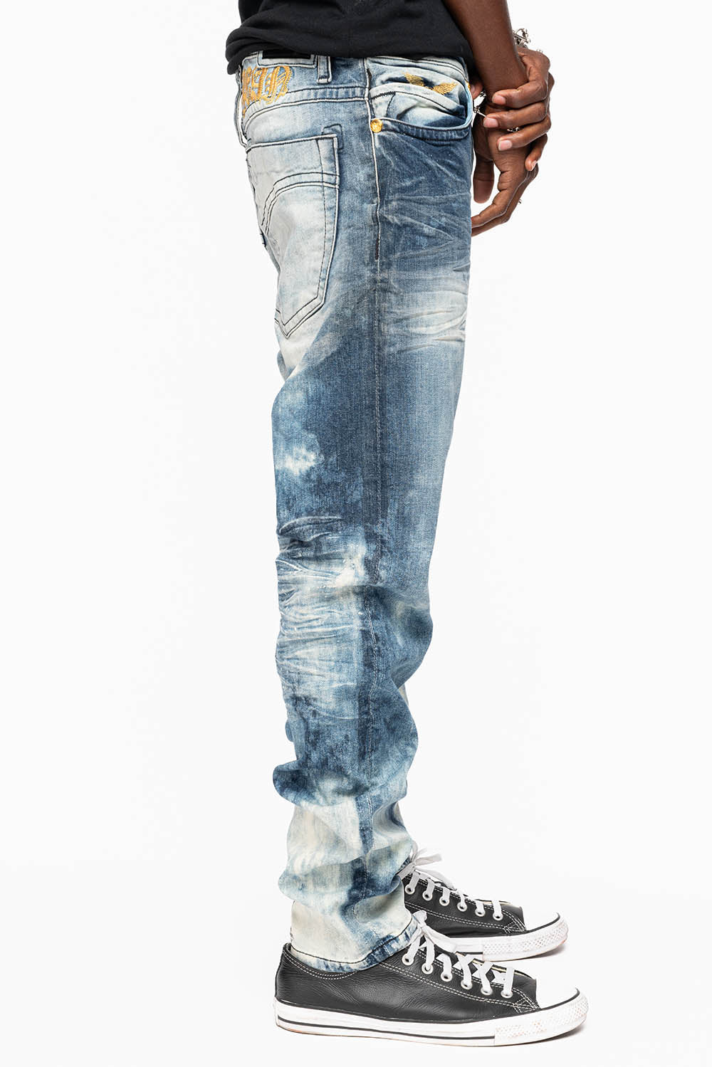MENS SKINNY JEANS IN CLOUD JAPAN WASH WITH GOLD O.E  EMBROIDERY LOGO - Image 3