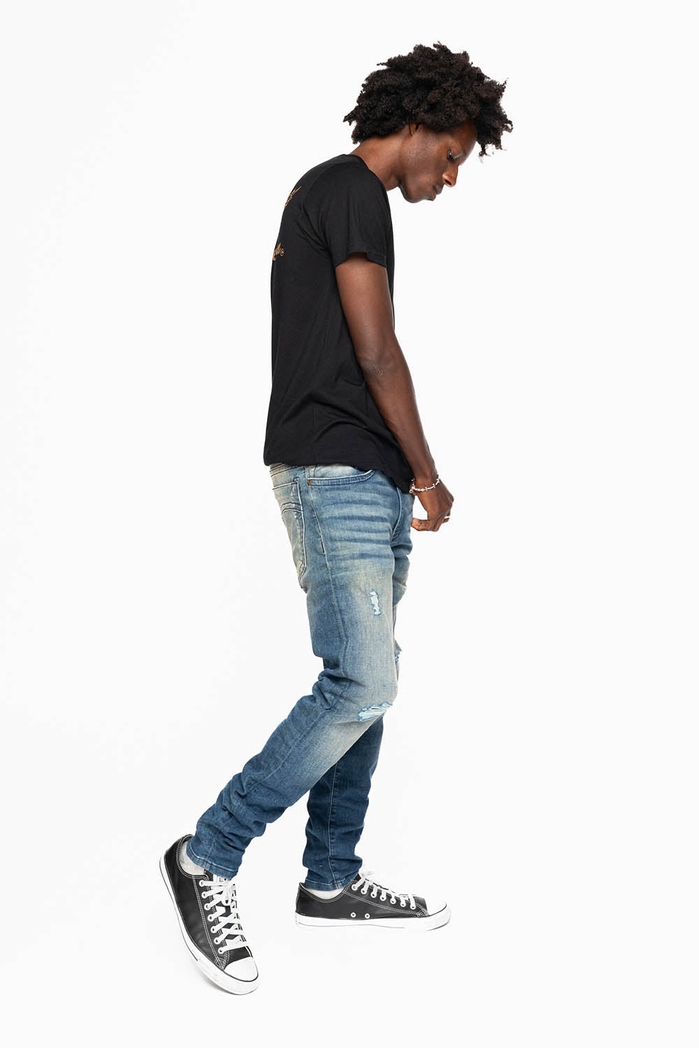 MENS SKINNY JEANS IN ELROY DARK BROKEN WASH WITH TONAL WING EMBROIDERY - Image 4