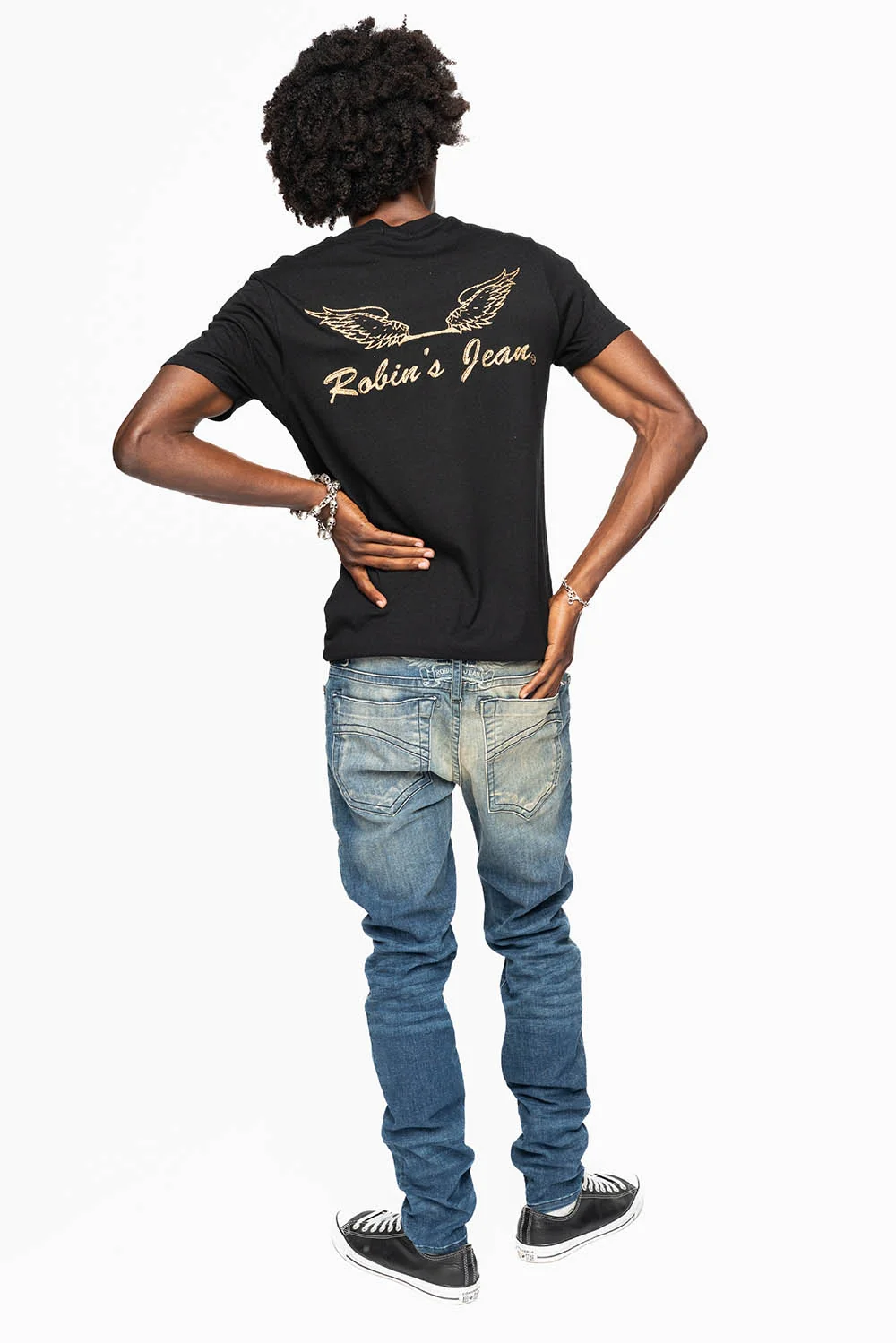 MENS SKINNY JEANS IN ELROY DARK BROKEN WASH WITH TONAL WING EMBROIDERY - Image 5