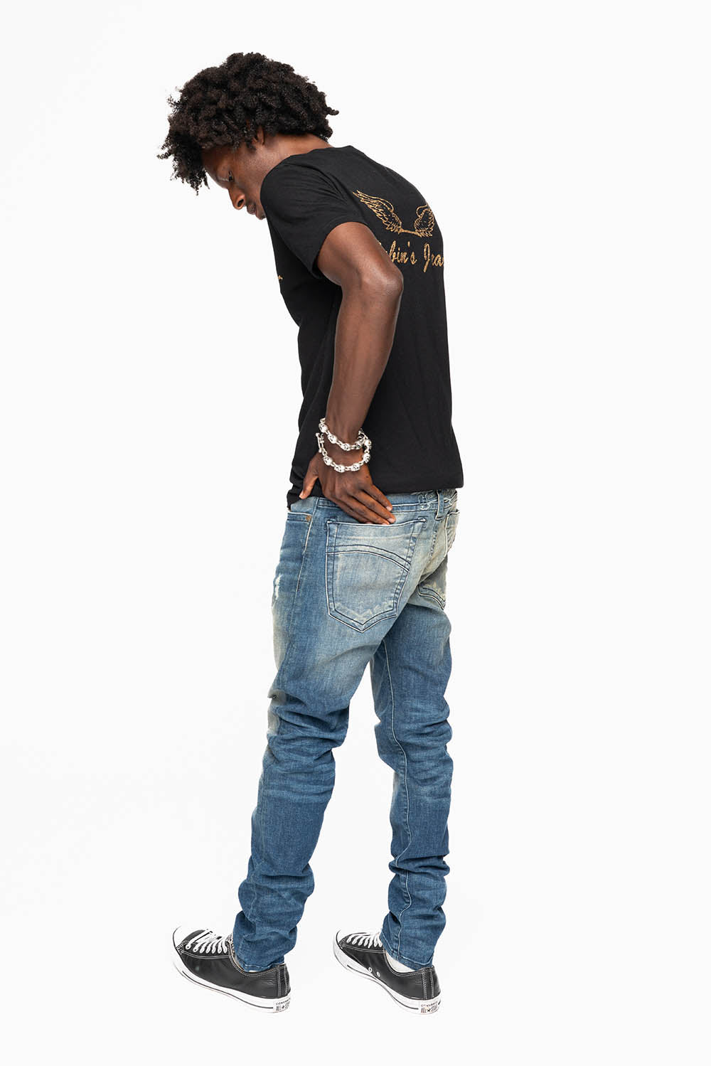 MENS SKINNY JEANS IN ELROY DARK BROKEN WASH WITH TONAL WING EMBROIDERY - Image 6