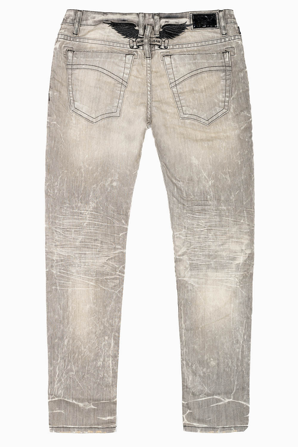 MENS SKINNY JEANS IN GRAY 4D LIGHT WASH WITH BLK WING EMBROIDERY - Image 2