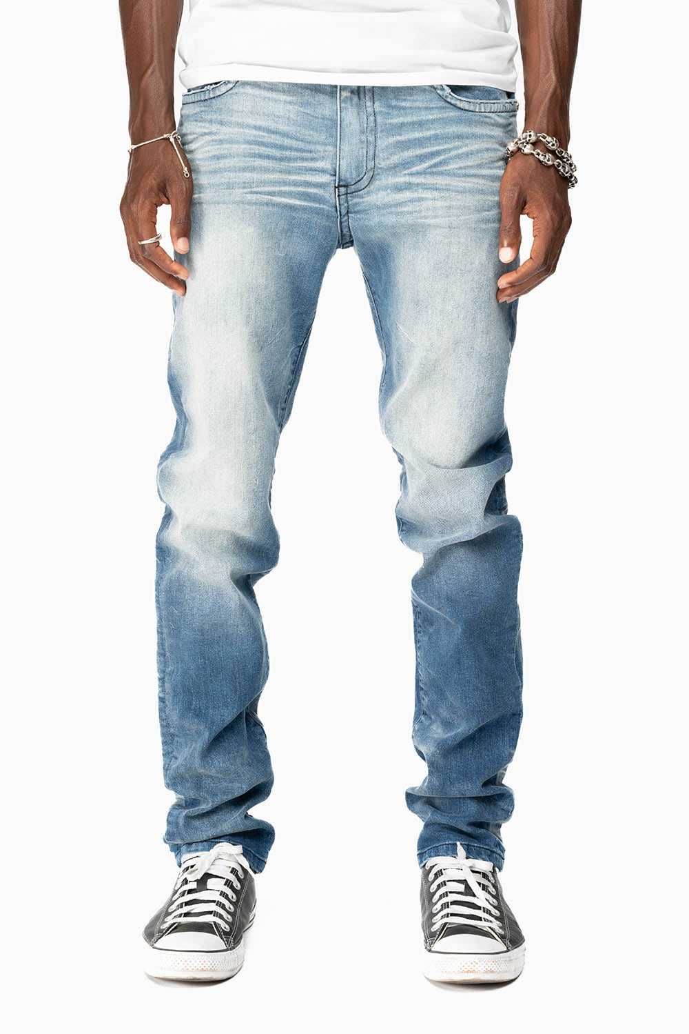 MENS SKINNY JEANS IN OMAHA MEDIUM WASH WITH GOLD WING EMBROIDERY - Image 5