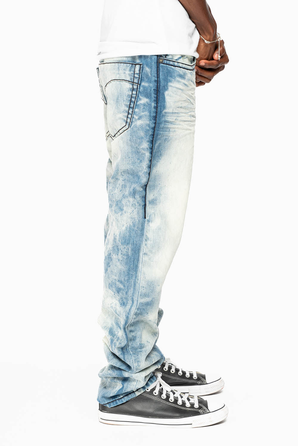 MENS SLIM FIT JEANS IN CHEROKEE DARK WASH WITH HEAVY STITCHING AND BLK EMBROIDERED WINGS - Image 3