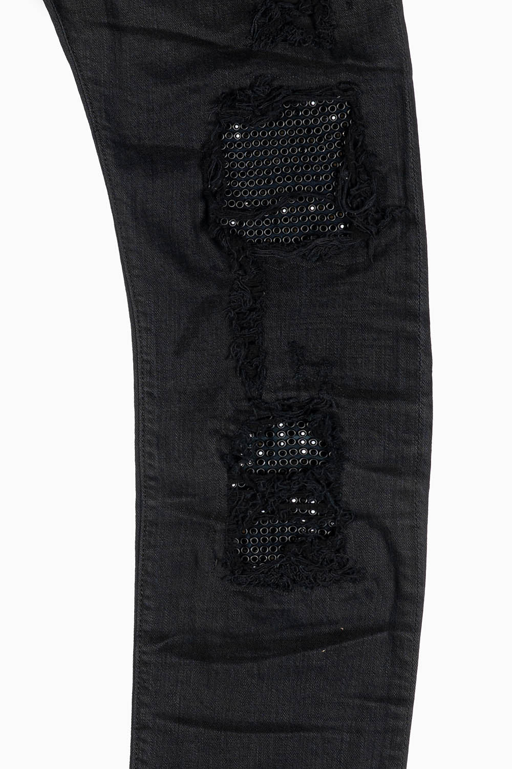 MENS SLIM FIT JEANS IN PURE BLACK EMBELLISHED WITH JET BLK CRYSTALS ON BACK POCKET AND FRONT LEGS - Image 3