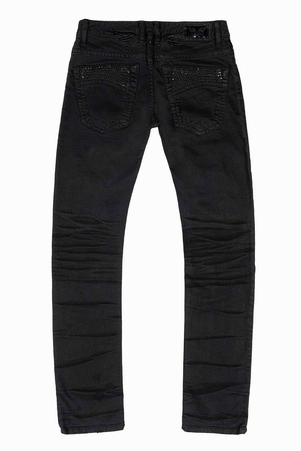 MENS SLIM FIT JEANS IN PURE BLACK EMBELLISHED WITH JET BLK CRYSTALS ON BACK POCKET AND FRONT LEGS - Image 4