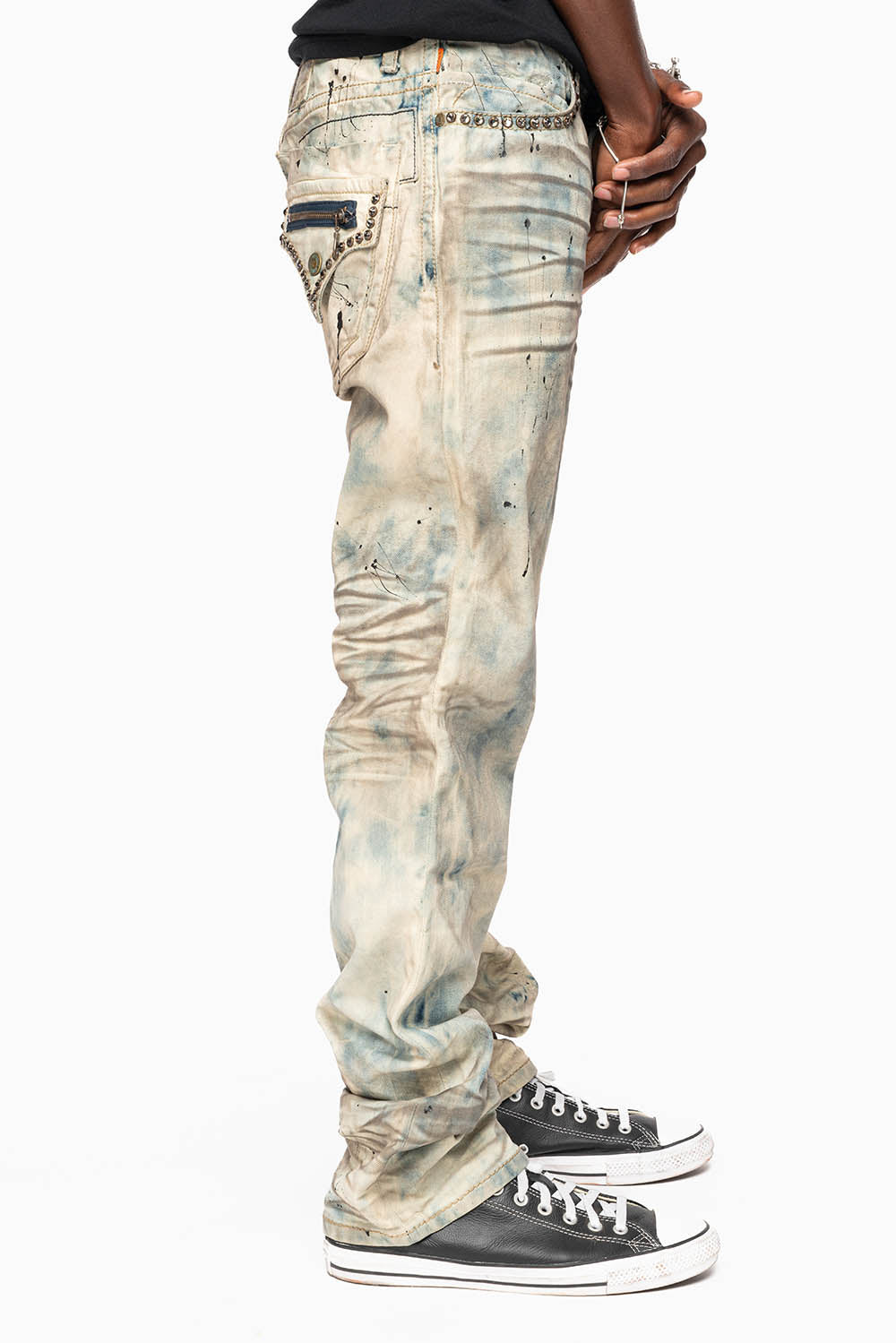 MENS SMALL FLAP POCKET STRAIGHT LEG JEANS IN FROZEN WASH WITH CRYSTALS - Image 5
