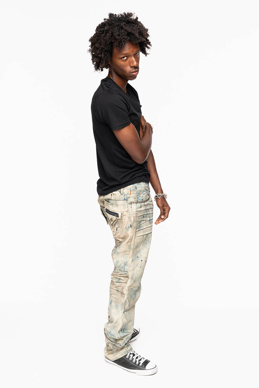MENS SMALL FLAP POCKET STRAIGHT LEG JEANS IN FROZEN WASH WITH CRYSTALS - Image 8
