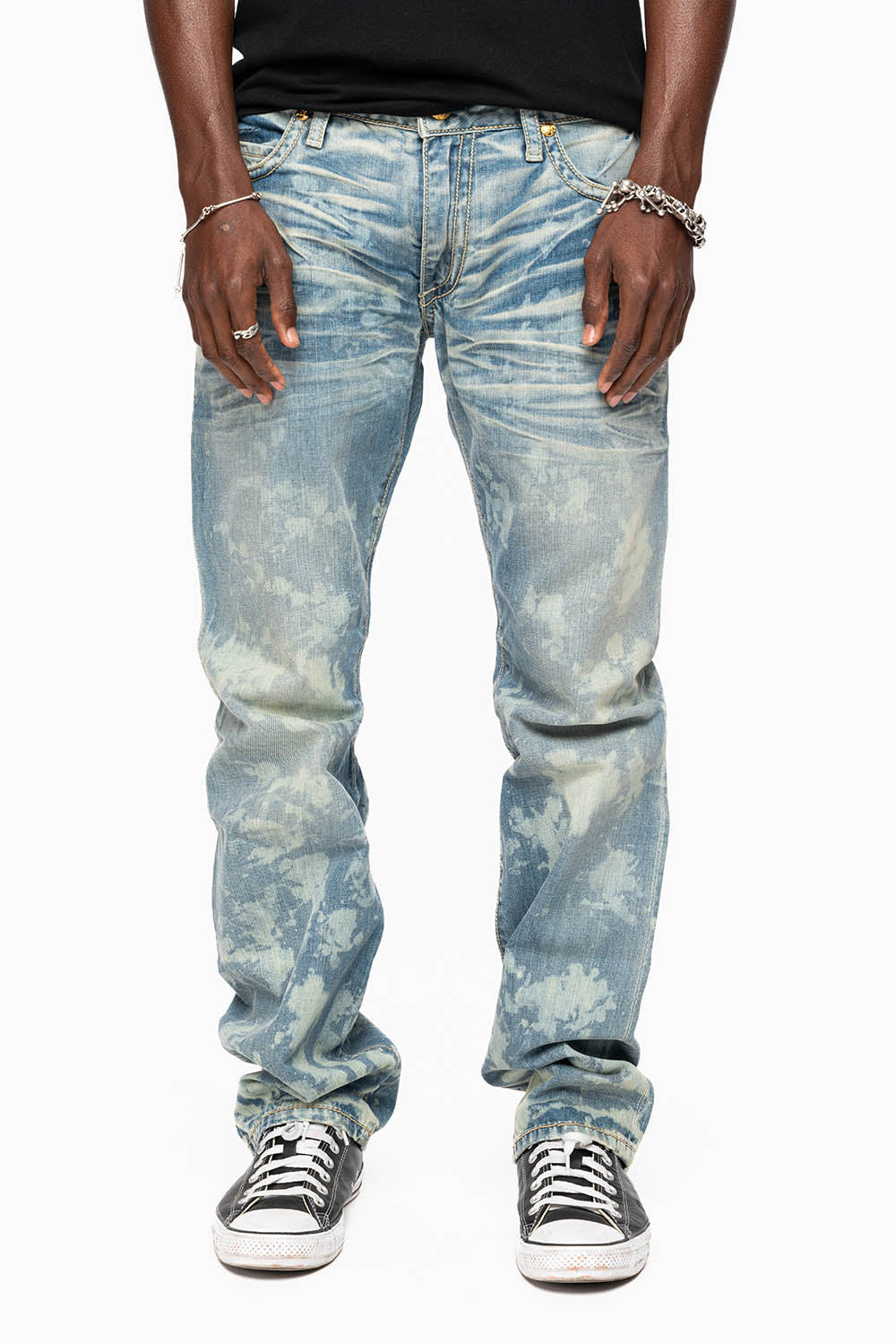 MENS SMALL FLAP POCKET STRAIGHT LEG JEANS IN ODESSA VINTAGE MEDIUM WASH WITH CRYSTALS - Image 4