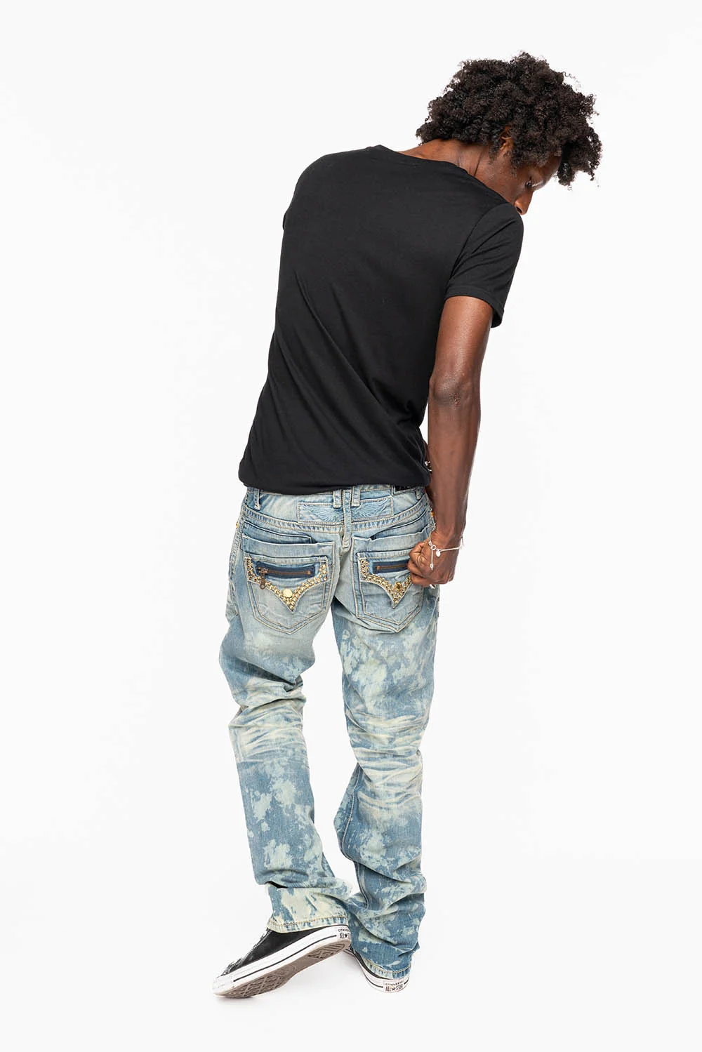MENS SMALL FLAP POCKET STRAIGHT LEG JEANS IN ODESSA VINTAGE MEDIUM WASH WITH CRYSTALS - Image 7