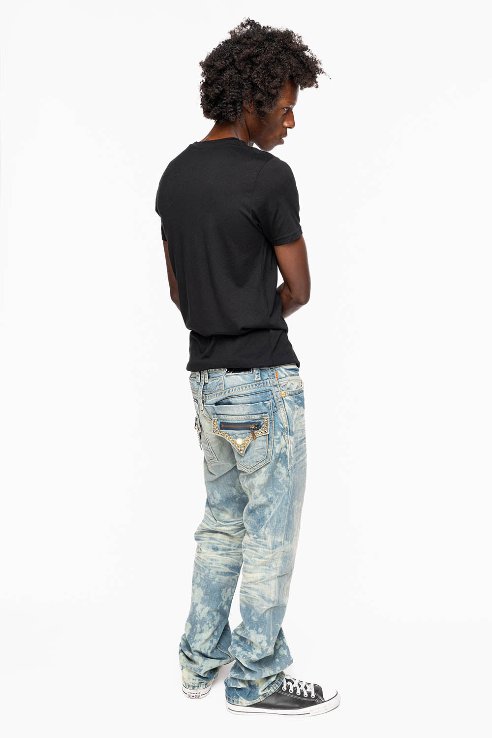 MENS SMALL FLAP POCKET STRAIGHT LEG JEANS IN ODESSA VINTAGE MEDIUM WASH WITH CRYSTALS - Image 9