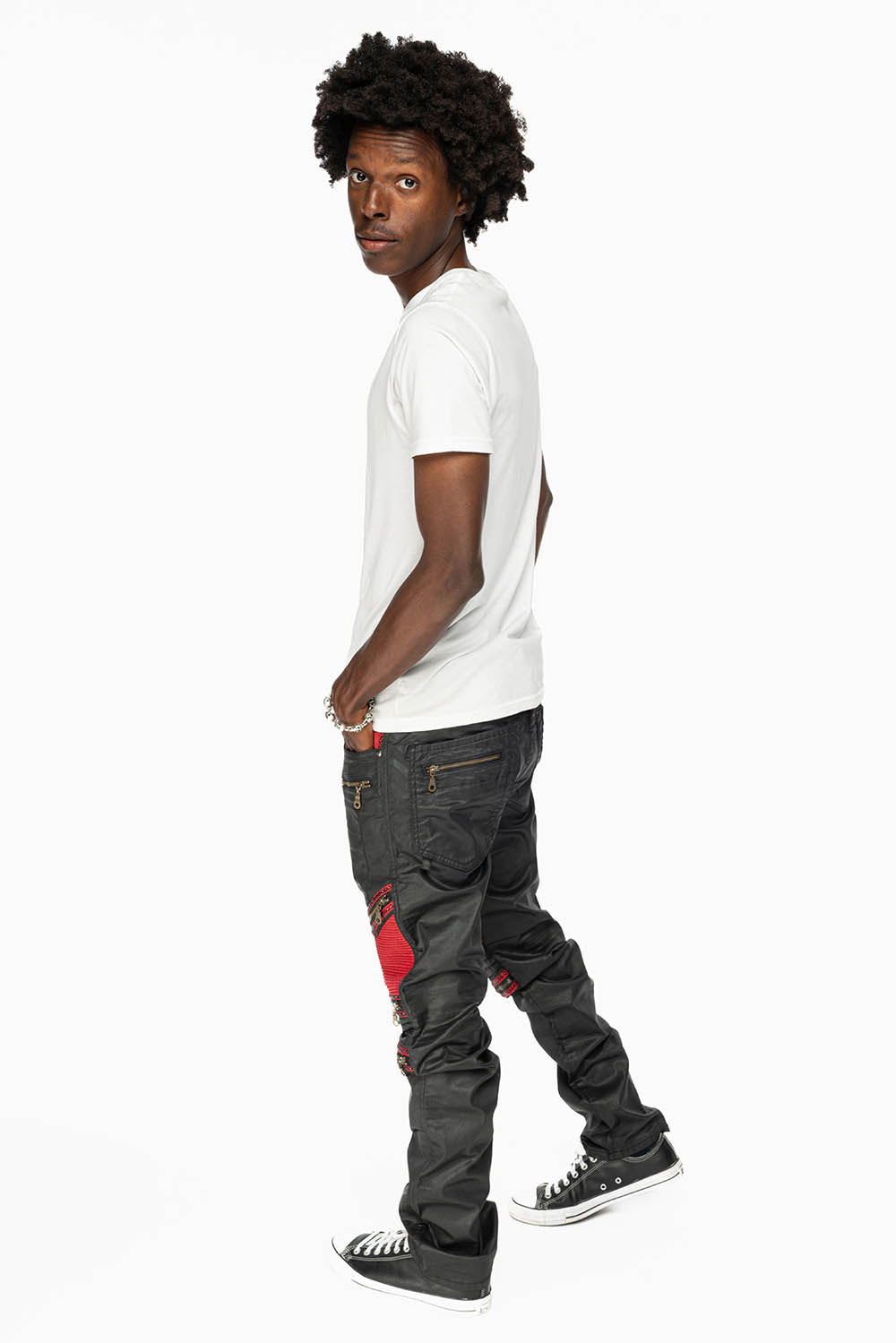 MENS THE SHOW BIKER JEANS IN BLACK DY FABRIC WITH RED INSERTS WITH EMBELLISHMENT - Image 4