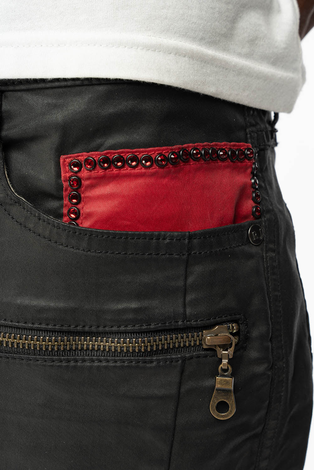 MENS THE SHOW BIKER JEANS IN BLACK DY FABRIC WITH RED INSERTS WITH EMBELLISHMENT - Image 5