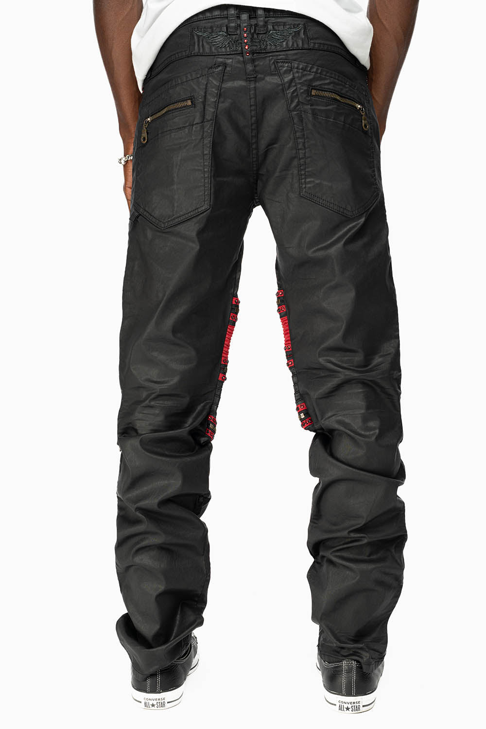 MENS THE SHOW BIKER JEANS IN BLACK DY FABRIC WITH RED INSERTS WITH EMBELLISHMENT - Image 7