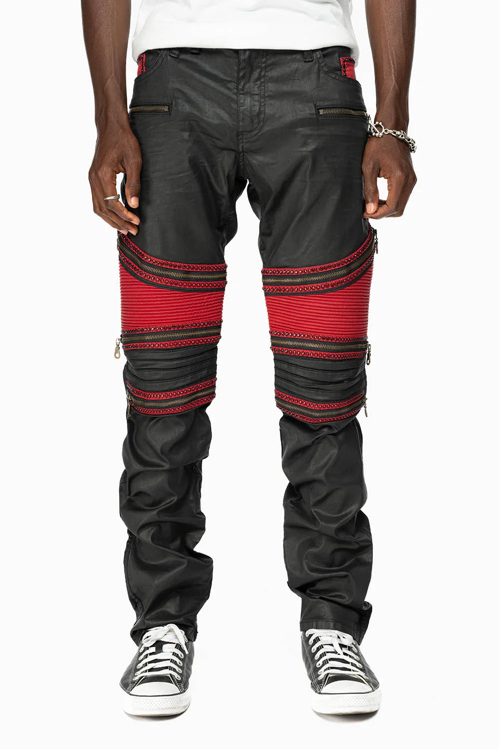 MENS THE SHOW BIKER JEANS IN BLACK DY FABRIC WITH RED INSERTS WITH EMBELLISHMENT - Image 9