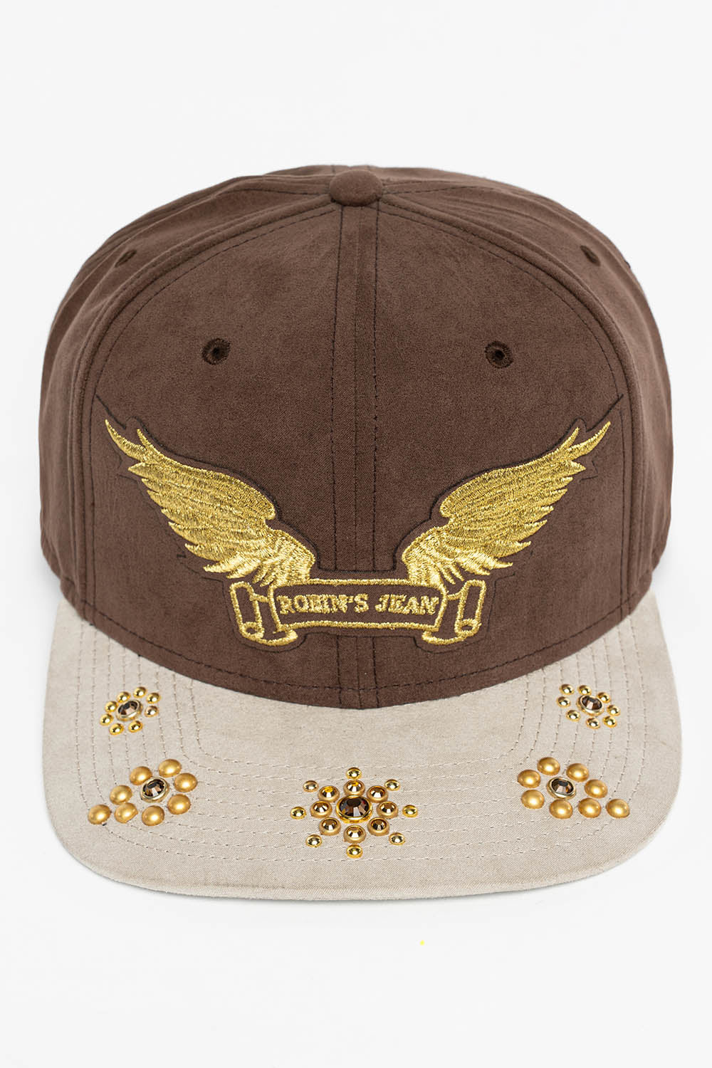 MICRO SUEDE CAP IN BROWN/STONE COLOR IN GOLD WING LOGO EMBROIDERY WITH EMBELLISHMENT