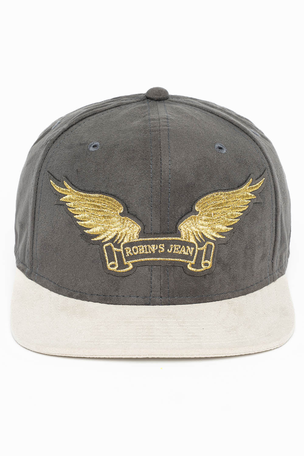 MICRO SUEDE CAP IN CHARCOAL/STONE COLOR IN GOLD WING LOGO EMBROIDERY