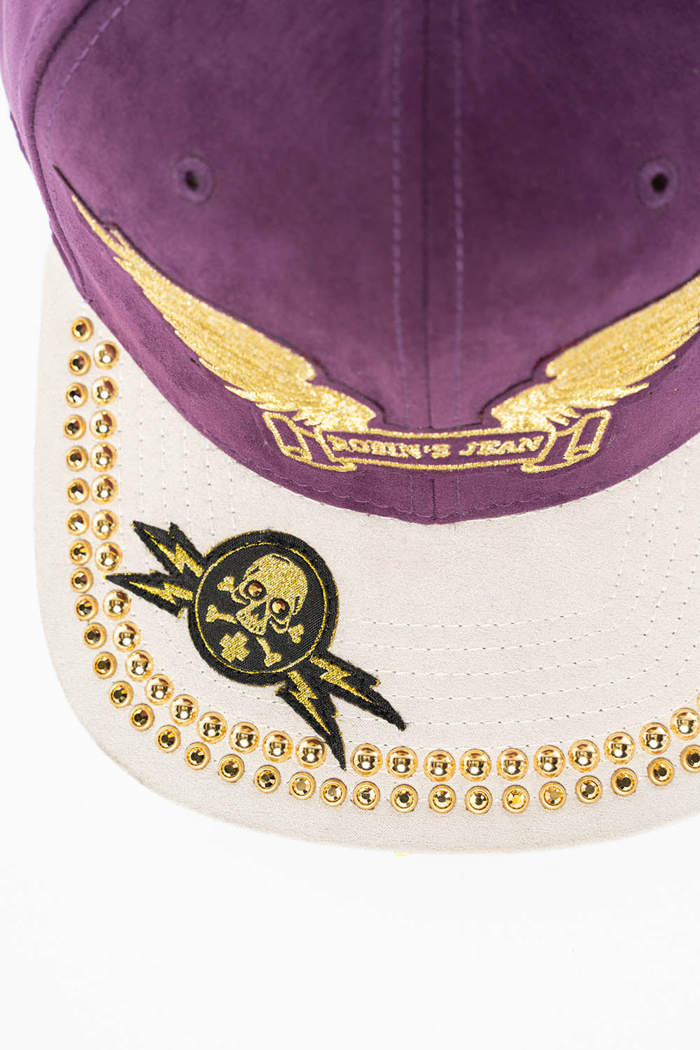 MICRO SUEDE CAP IN GRAPE/STONE COLOR WITH GOLD EMBROIDERY WINGS STUDS AND CRYSTALS - Image 2