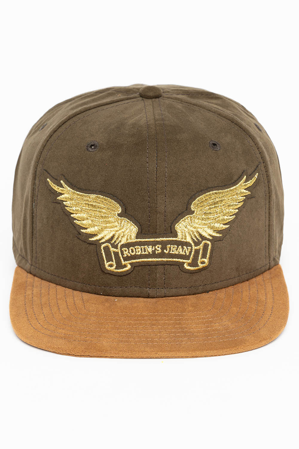 MICRO SUEDE CAP IN OLIVE /CAMEL COLOR IN GOLD WING LOGO EMBROIDERY