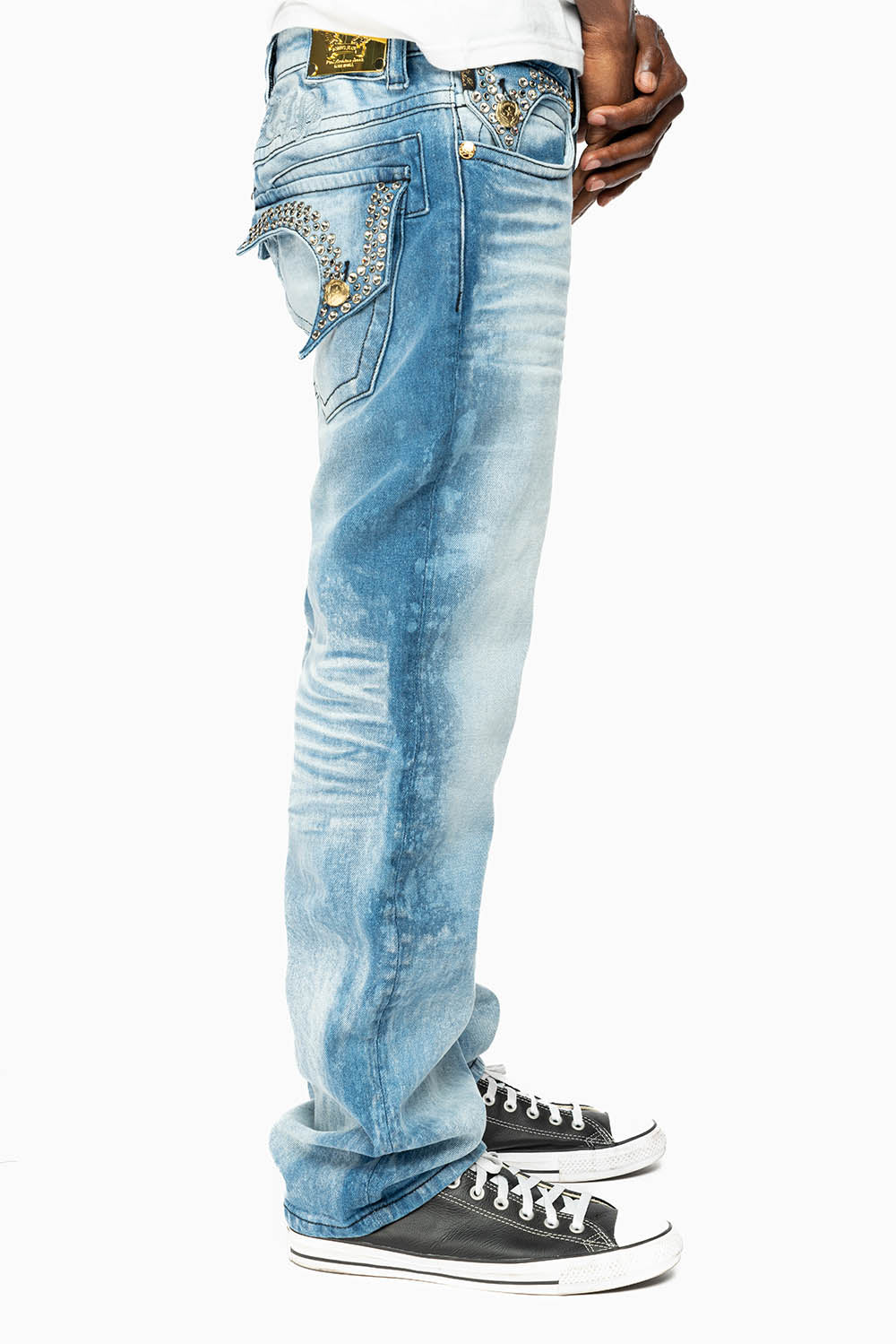 KILLER FLAP MENS STRAIGHT LEG JEAN IN 5D LIGHT BLUE WASH EMBELLISHED WITH CRYSTALS - Image 4
