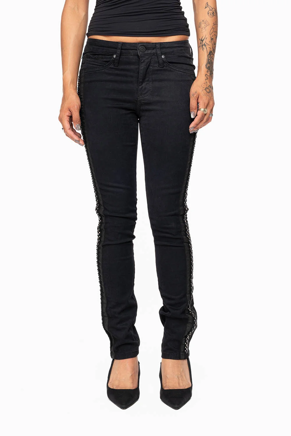 MID RISE WOMENS SKINNY BLACK JEANS WITH BLACK STRIPES EMBELLISHED WITH CRYSTALS - Image 5