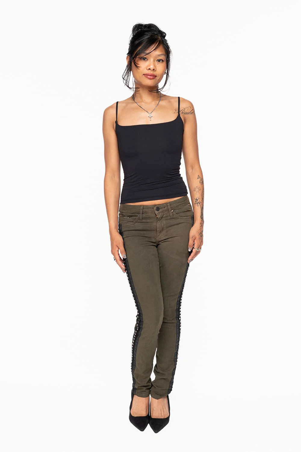 MID RISE WOMENS SKINNY DARK GREEN JEANS WITH BLACK STRIPES EMBELLISHED WITH LARGE CRYSTALS - Image 5