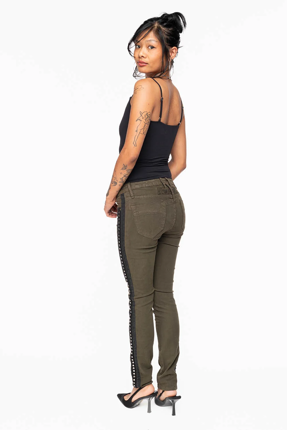 MID RISE WOMENS SKINNY DARK GREEN JEANS WITH BLACK STRIPES EMBELLISHED WITH LARGE CRYSTALS - Image 7