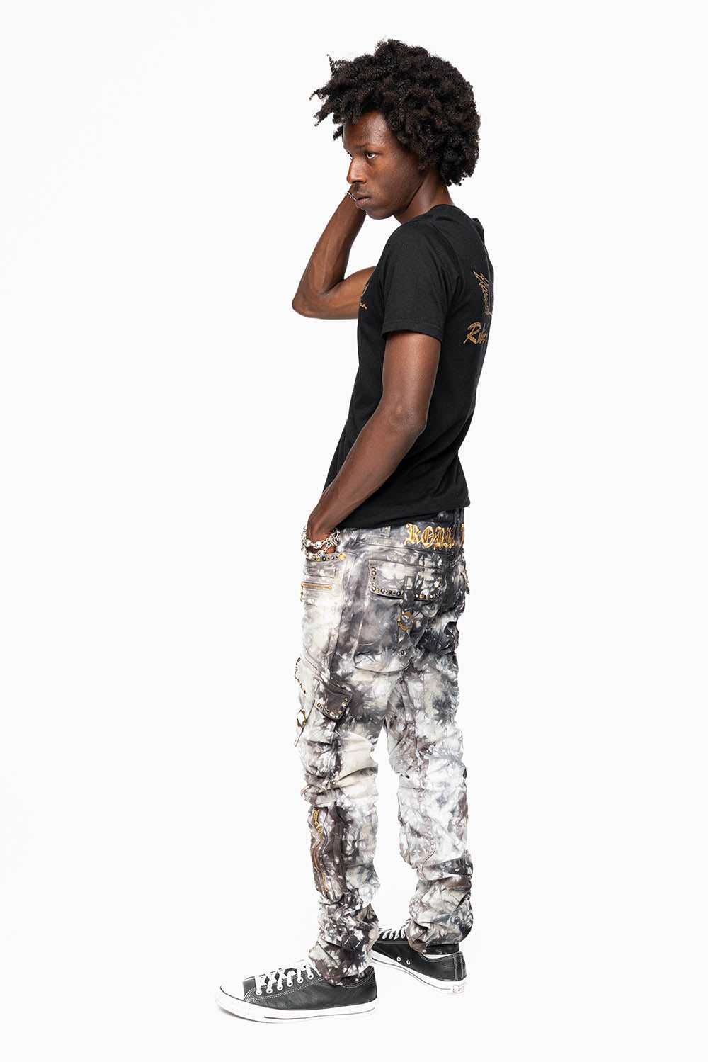 MILITARY STYLE CARGO PANTS IN BLACK UNIVERSE TIE DYE EMBELLISHED WITH CRYSTALS - Image 8