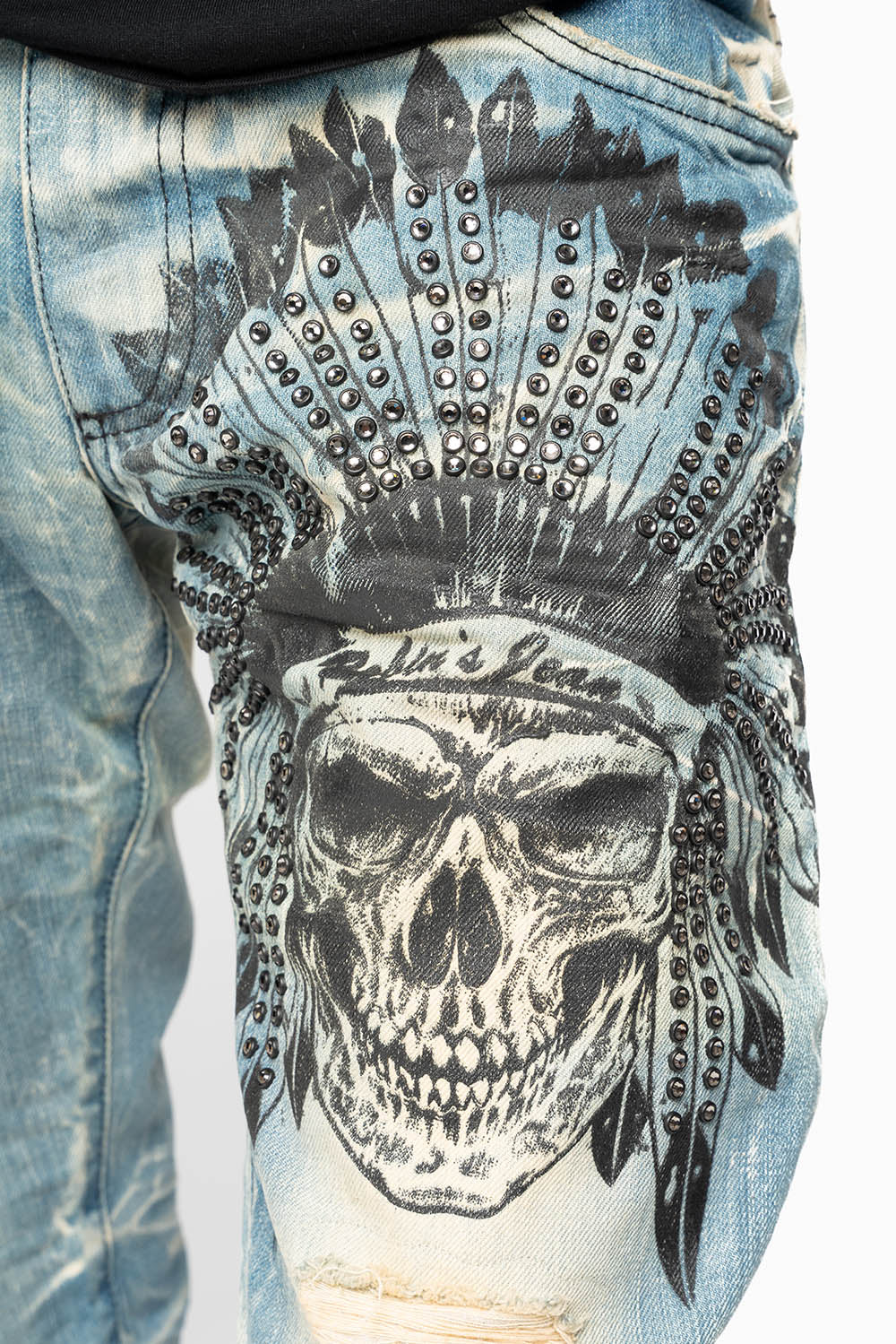 MINI FLAP MENS SLIM JEANS IN 5D MEDIUM BROKEN EMBELLISHED WITH PRINTED INDIAN HEAD CHIEF & CRYSTALS - Image 3