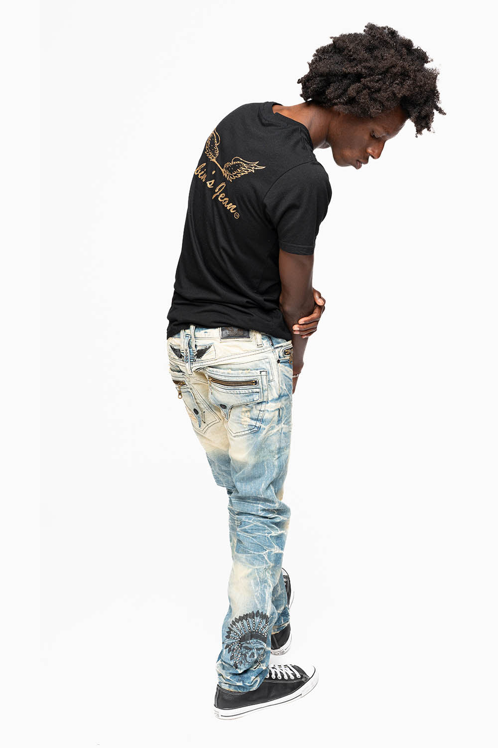 MINI FLAP MENS SLIM JEANS IN 5D MEDIUM BROKEN EMBELLISHED WITH PRINTED INDIAN HEAD CHIEF & CRYSTALS - Image 9