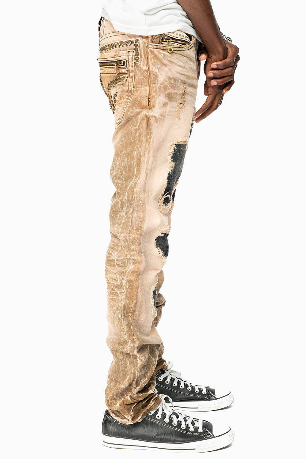 MINI FLAP MENS SLIM JEANS IN AMARETO DESTROY BACKING WITH CRYSTALS AND SPIKE - Image 3