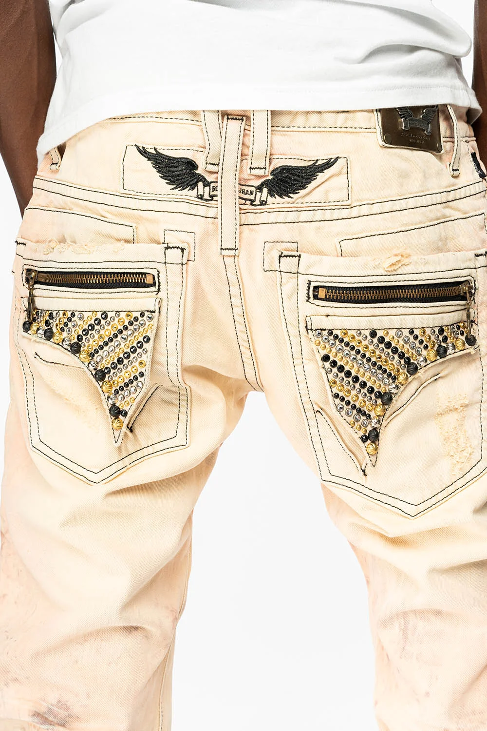 MINI FLAP MENS SLIM JEANS IN JULIETTE DESTROY BROKEN REPAIR WASH WITH CRYSTALS AND STUDS - Image 5