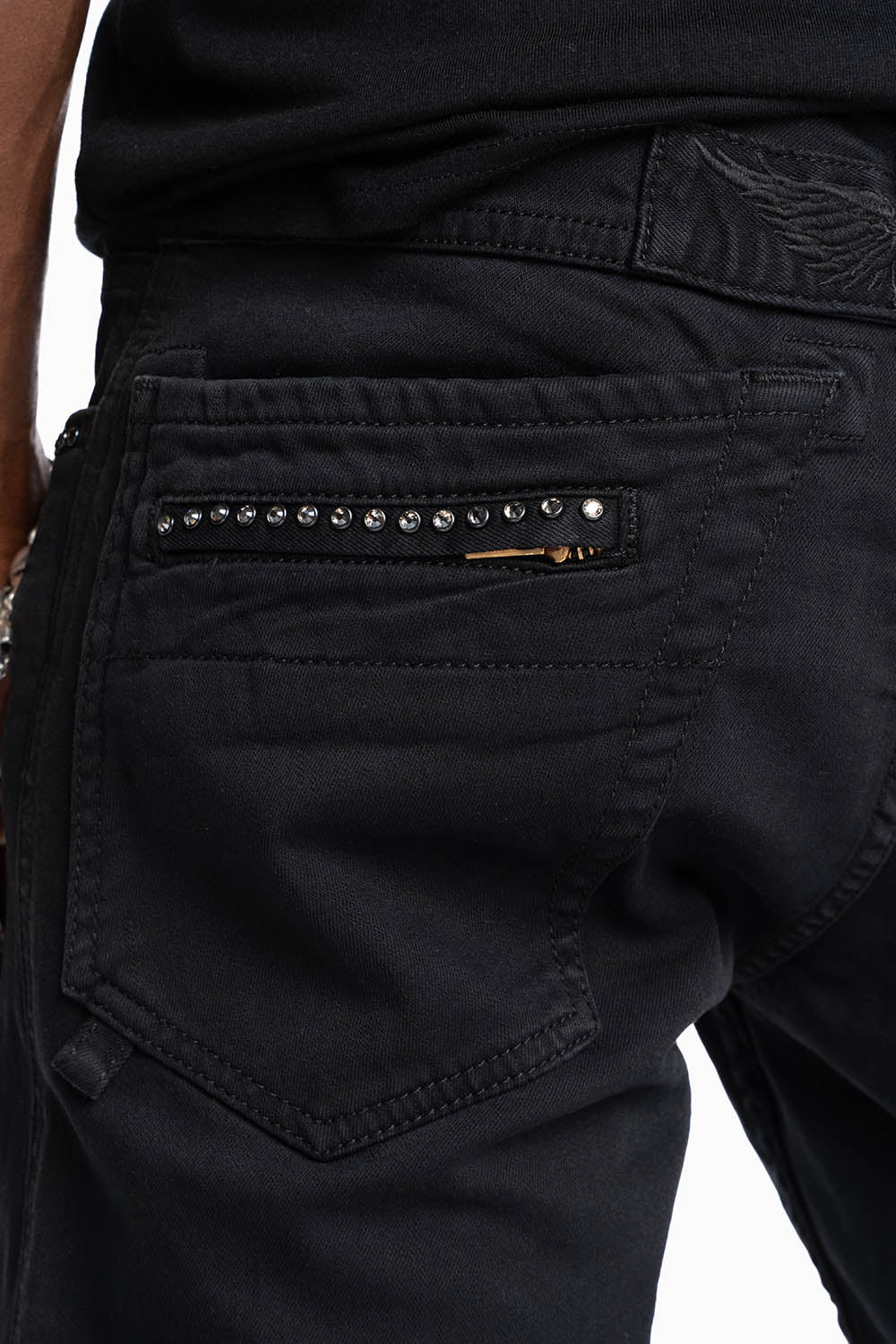 MOTO BIKER MEN'S SLIM STRAIGHT LEG JEANS IN PURE BLK EMBELLISHED WITH CRYSTALS - Image 2